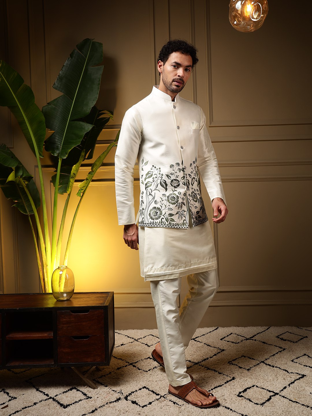 White Pure Soft Slub Silk Heavy Embroidery Work Kurta Pajama with Koti Jacket 
