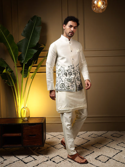 White Pure Soft Slub Silk Heavy Embroidery Work Kurta Pajama with Koti Jacket 