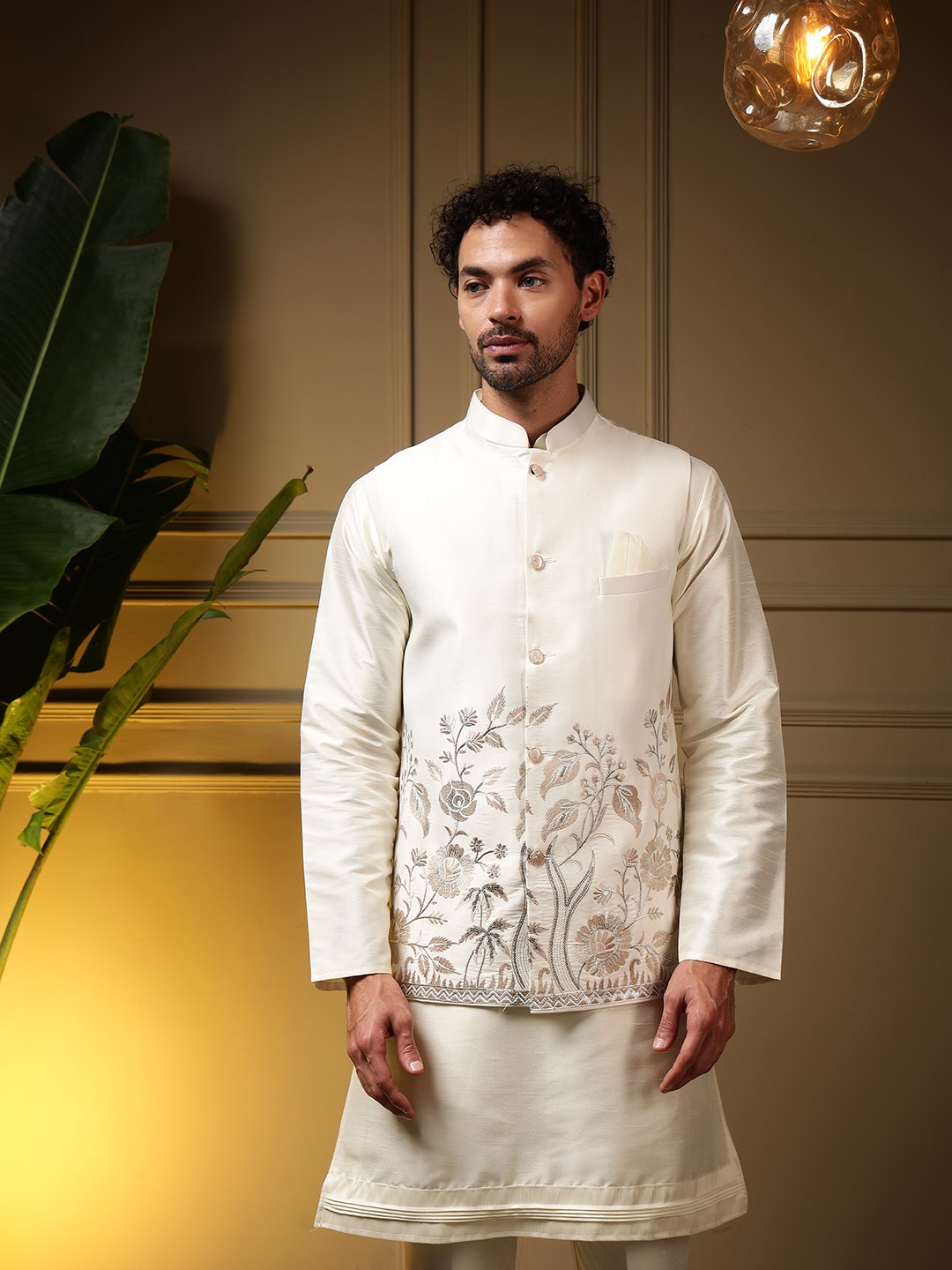 White Pure Soft Slub Silk Heavy Embroidery Work Kurta Pajama with Koti Jacket 