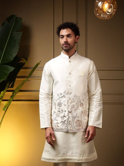 White Pure Soft Slub Silk Heavy Embroidery Work Kurta Pajama with Koti Jacket 