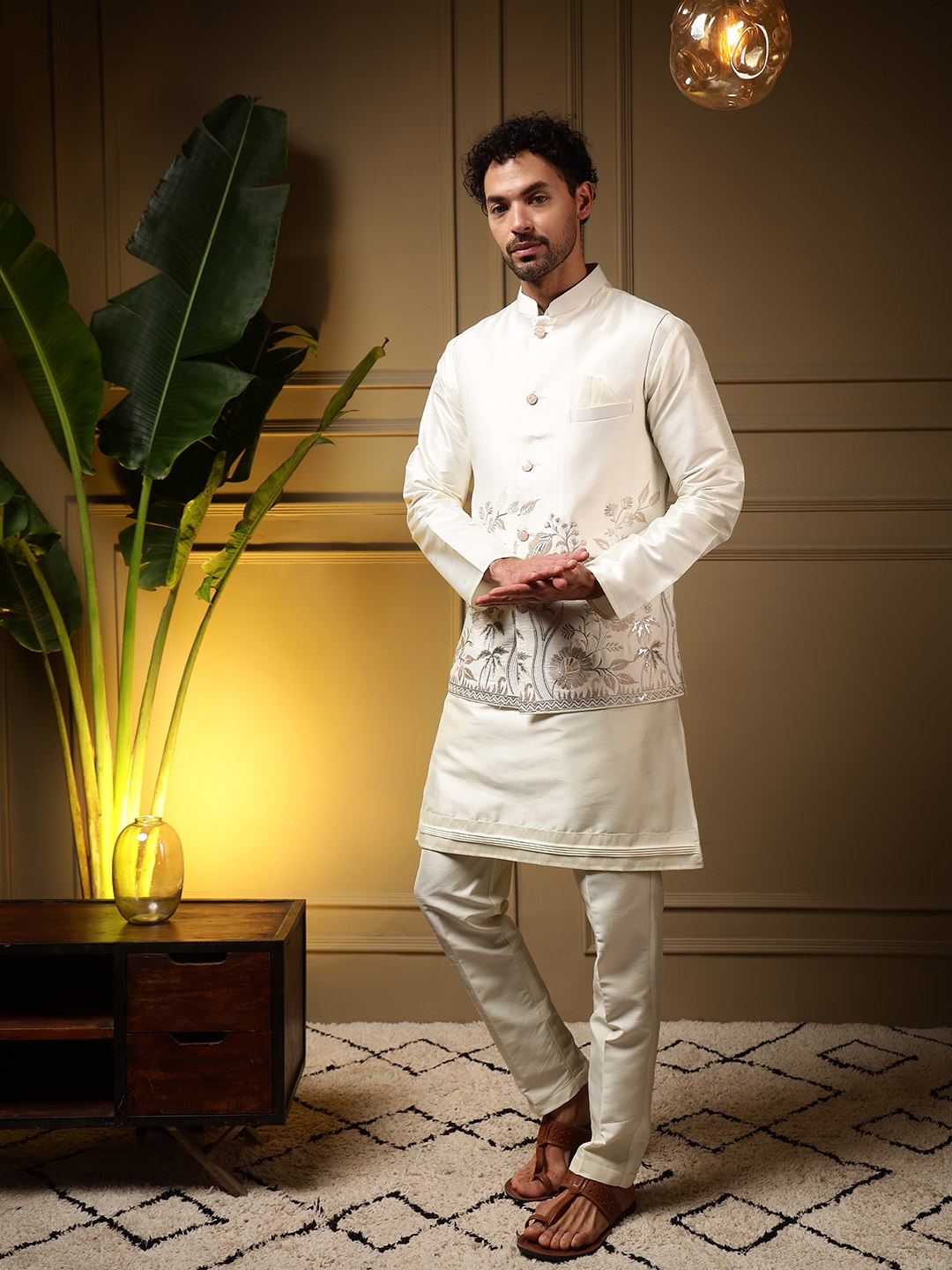 White Pure Soft Slub Silk Heavy Embroidery Work Kurta Pajama with Koti Jacket 