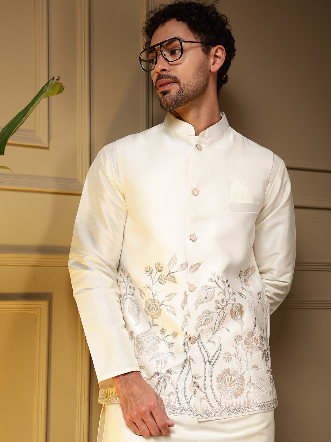 White Pure Soft Slub Silk Heavy Embroidery Work Kurta Pajama with Koti Jacket 