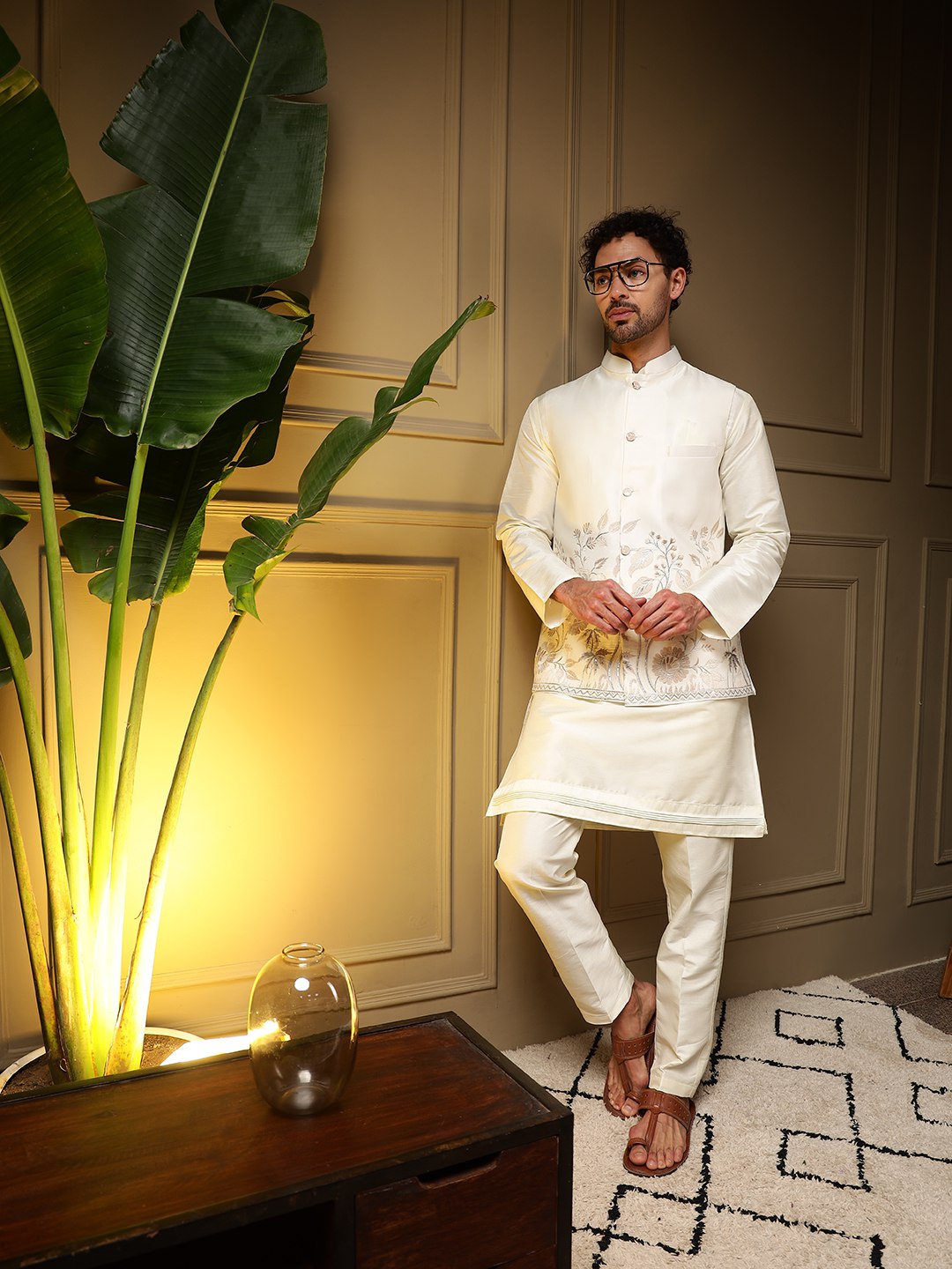 White Pure Soft Slub Silk Heavy Embroidery Work Kurta Pajama with Koti Jacket 