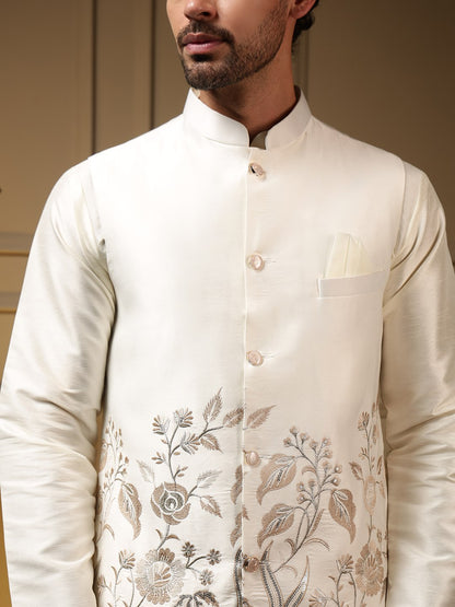 White Pure Soft Slub Silk Heavy Embroidery Work Kurta Pajama with Koti Jacket 