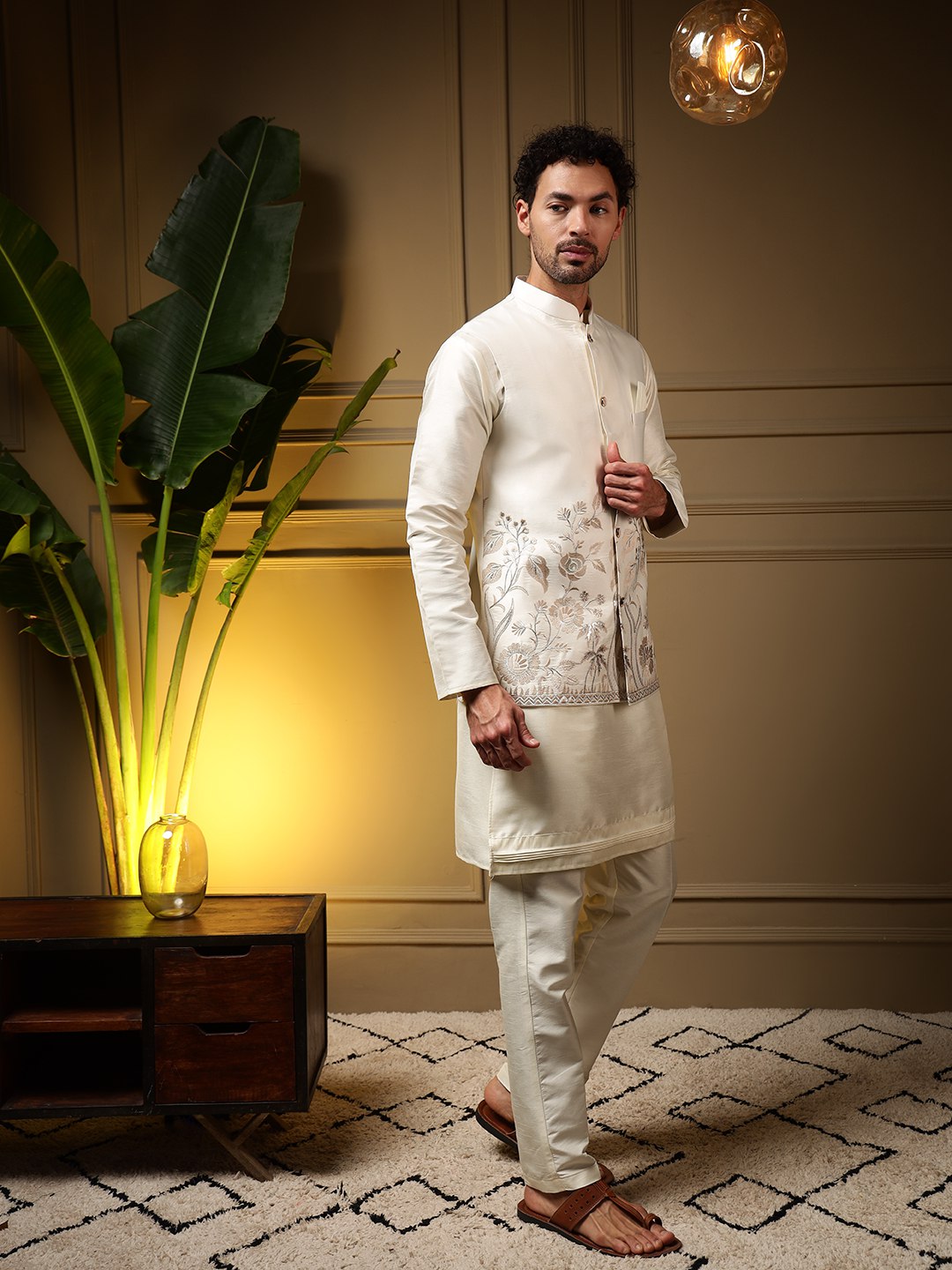 White Pure Soft Slub Silk Heavy Embroidery Work Kurta Pajama with Koti Jacket 