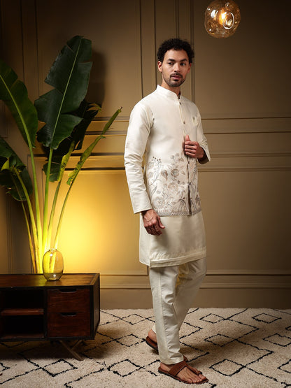 White Pure Soft Slub Silk Heavy Embroidery Work Kurta Pajama with Koti Jacket 