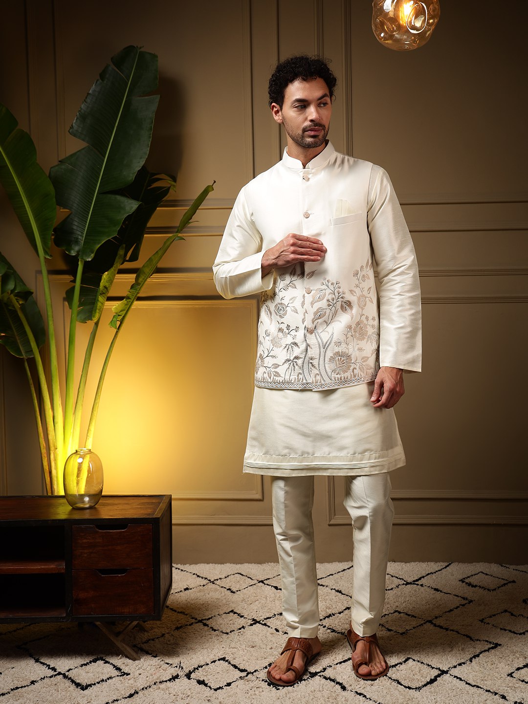 White Pure Soft Slub Silk Heavy Embroidery Work Kurta Pajama with Koti Jacket 