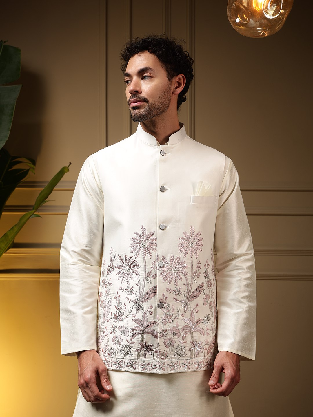 White Pure Soft Slub Silk Heavy Embroidery Work Kurta Pajama with Koti Jacket 