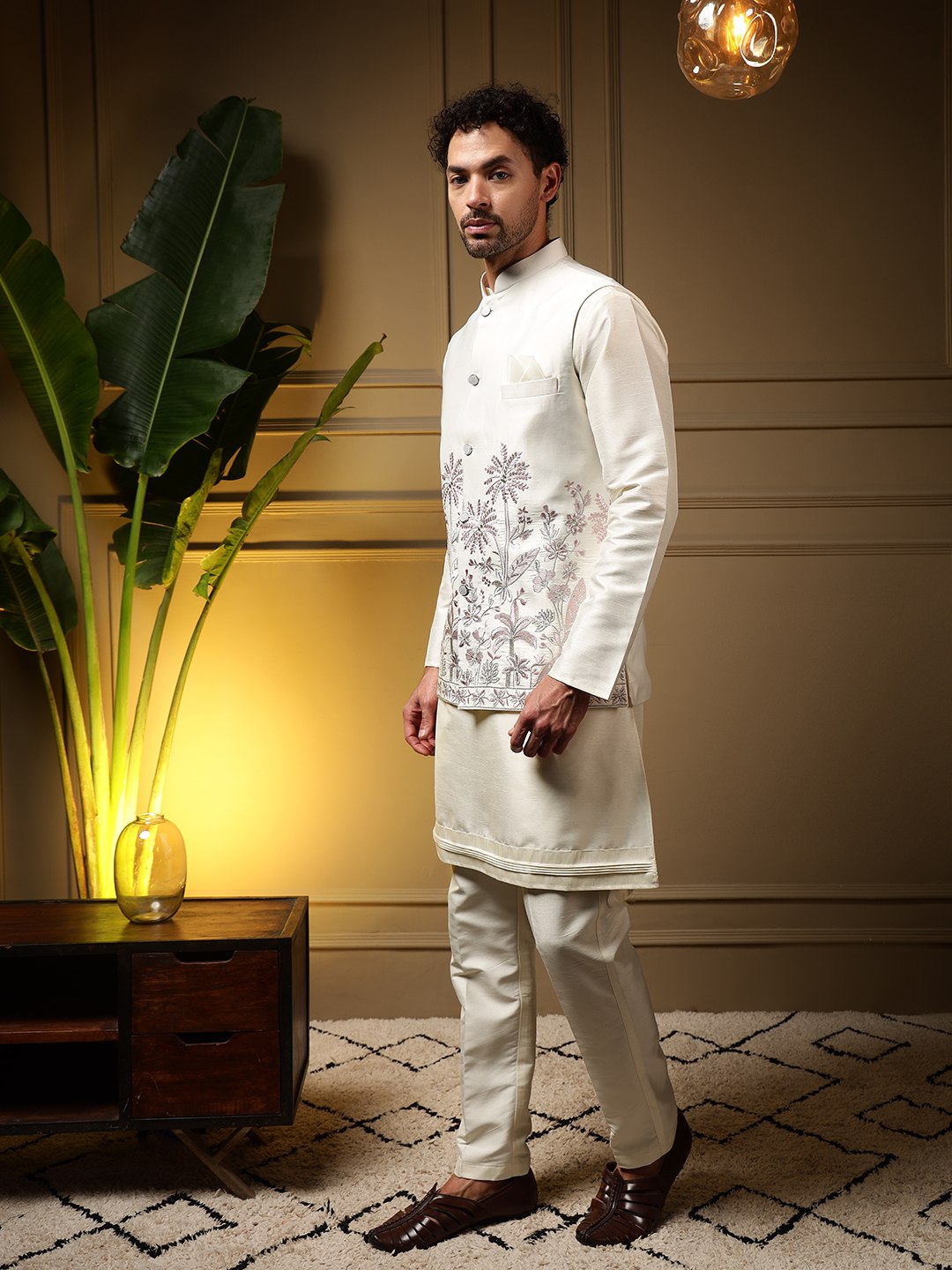White Pure Soft Slub Silk Heavy Embroidery Work Kurta Pajama with Koti Jacket 