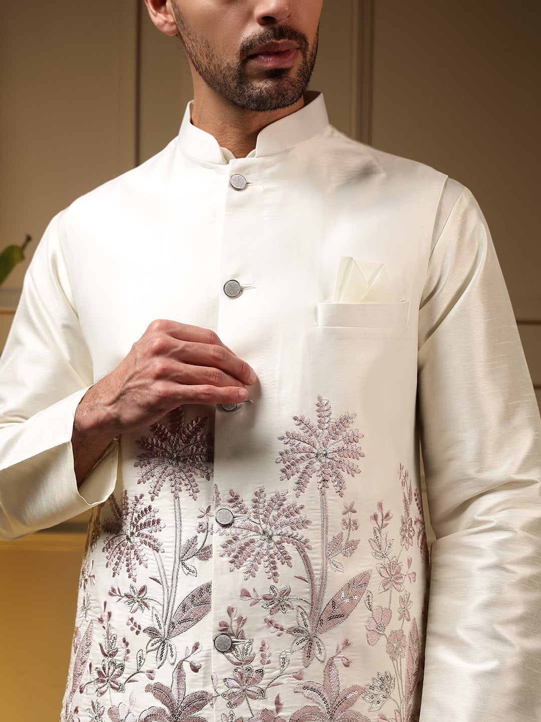 White Pure Soft Slub Silk Heavy Embroidery Work Kurta Pajama with Koti Jacket 