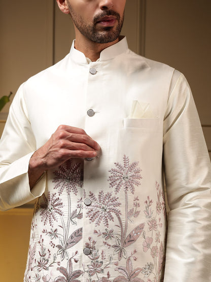 White Pure Soft Slub Silk Heavy Embroidery Work Kurta Pajama with Koti Jacket 