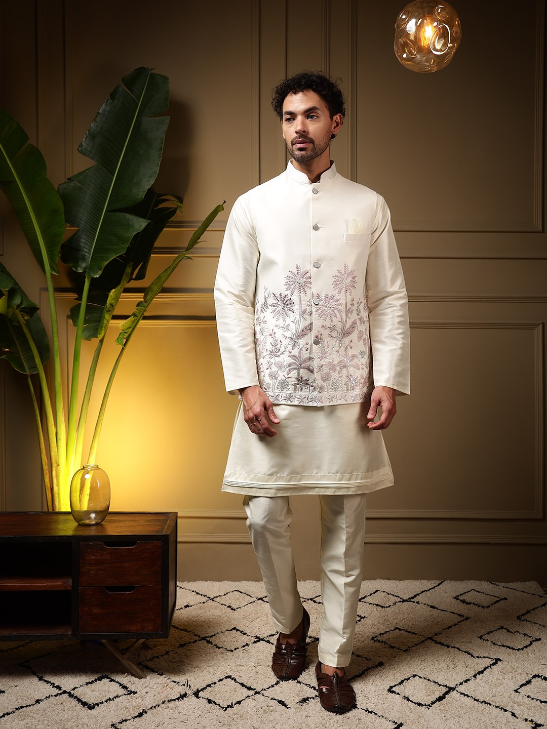 White Pure Soft Slub Silk Heavy Embroidery Work Kurta Pajama with Koti Jacket 