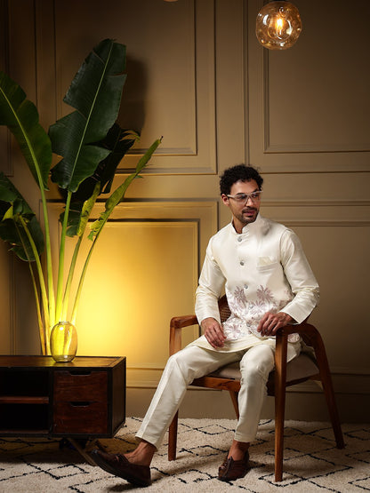 White Pure Soft Slub Silk Heavy Embroidery Work Kurta Pajama with Koti Jacket 