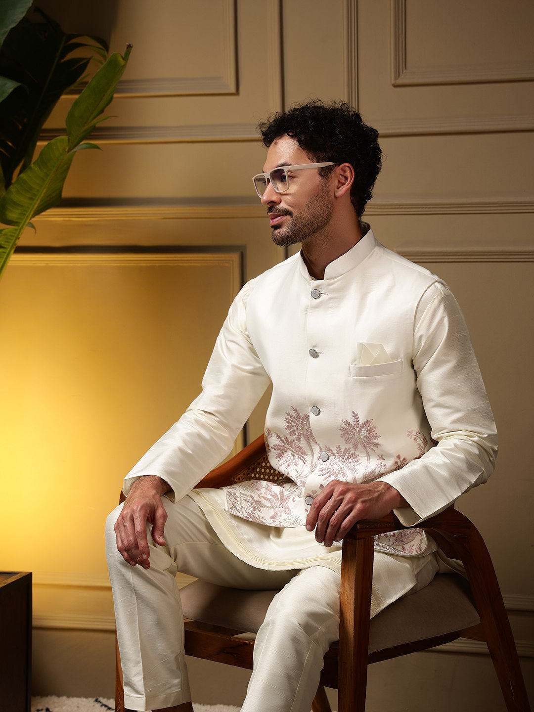 White Pure Soft Slub Silk Heavy Embroidery Work Kurta Pajama with Koti Jacket 