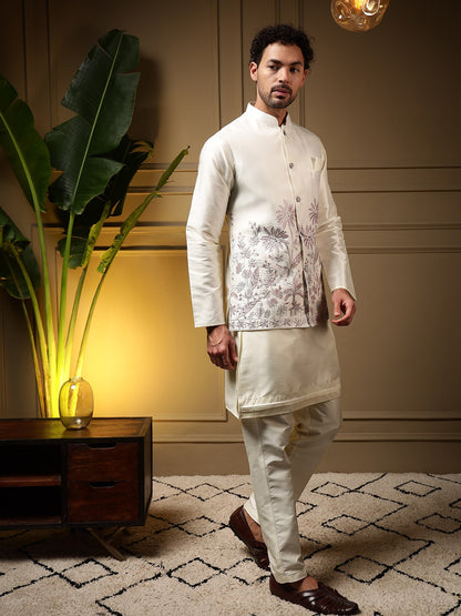 White Pure Soft Slub Silk Heavy Embroidery Work Kurta Pajama with Koti Jacket 