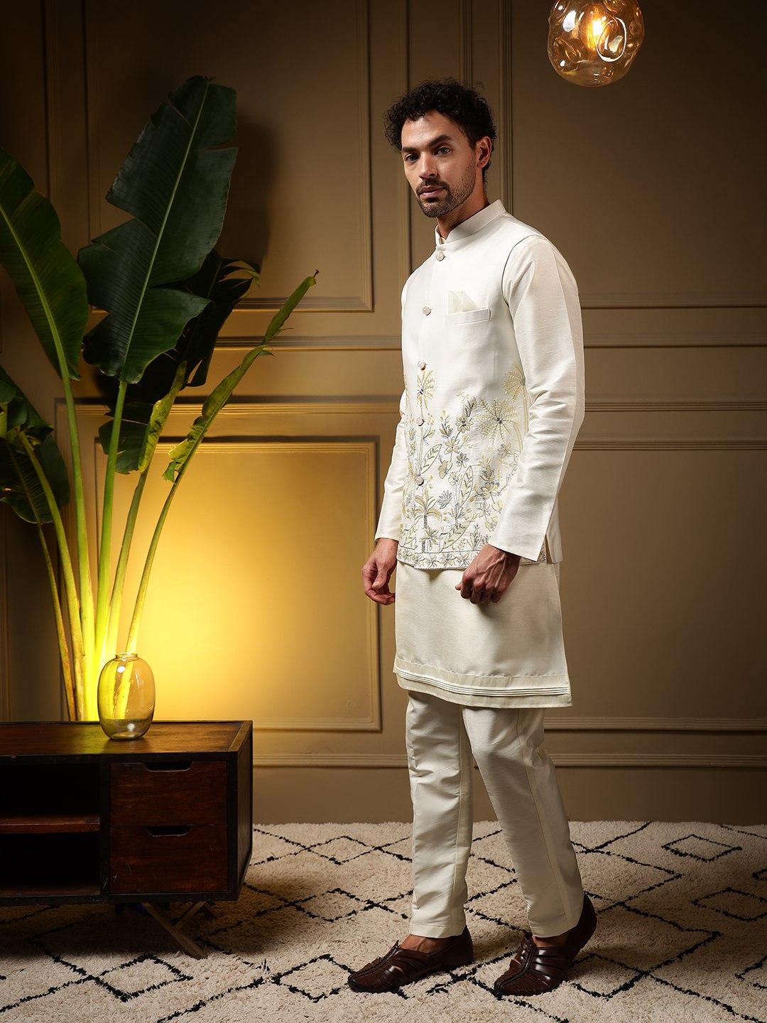 White Pure Soft Slub Silk Heavy Embroidery Work Kurta Pajama with Koti Jacket 