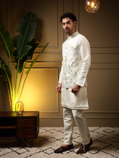 White Pure Soft Slub Silk Heavy Embroidery Work Kurta Pajama with Koti Jacket 