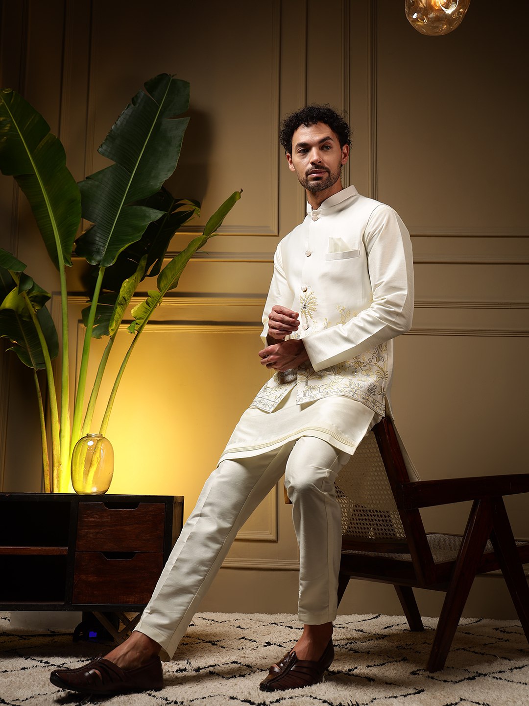 White Pure Soft Slub Silk Heavy Embroidery Work Kurta Pajama with Koti Jacket 
