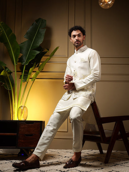White Pure Soft Slub Silk Heavy Embroidery Work Kurta Pajama with Koti Jacket 