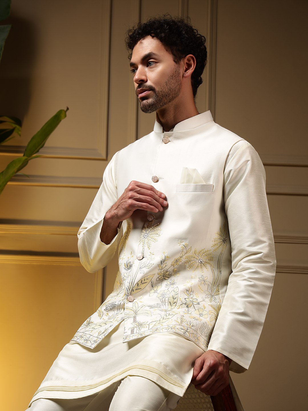 White Pure Soft Slub Silk Heavy Embroidery Work Kurta Pajama with Koti Jacket 