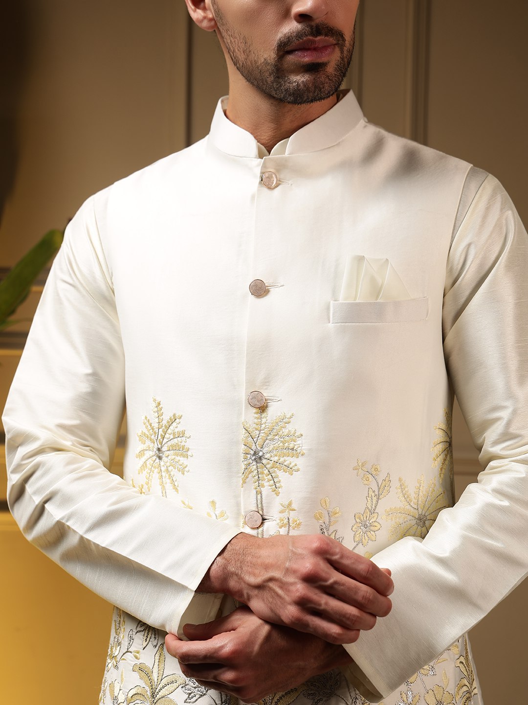 White Pure Soft Slub Silk Heavy Embroidery Work Kurta Pajama with Koti Jacket 