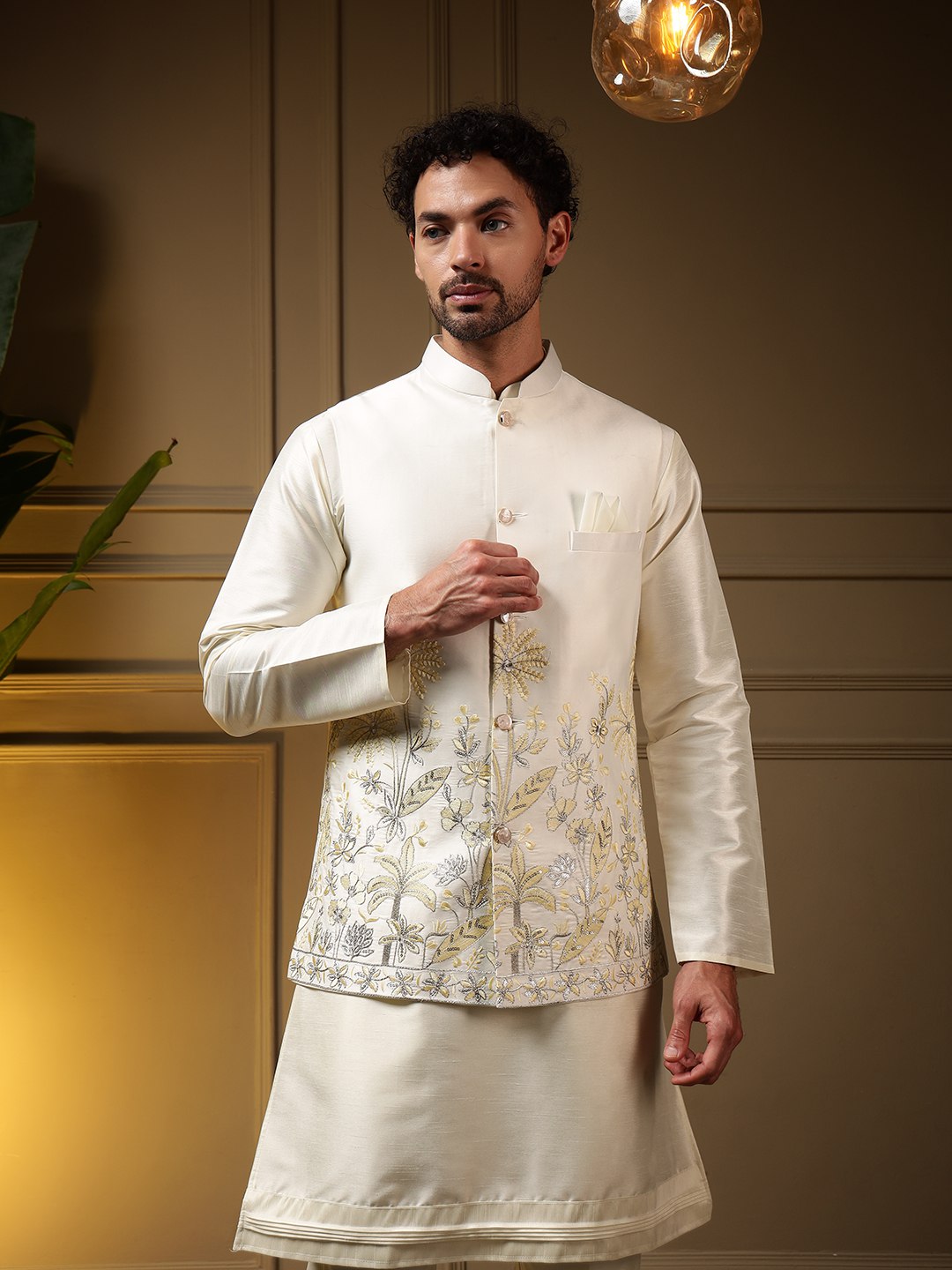 White Pure Soft Slub Silk Heavy Embroidery Work Kurta Pajama with Koti Jacket 