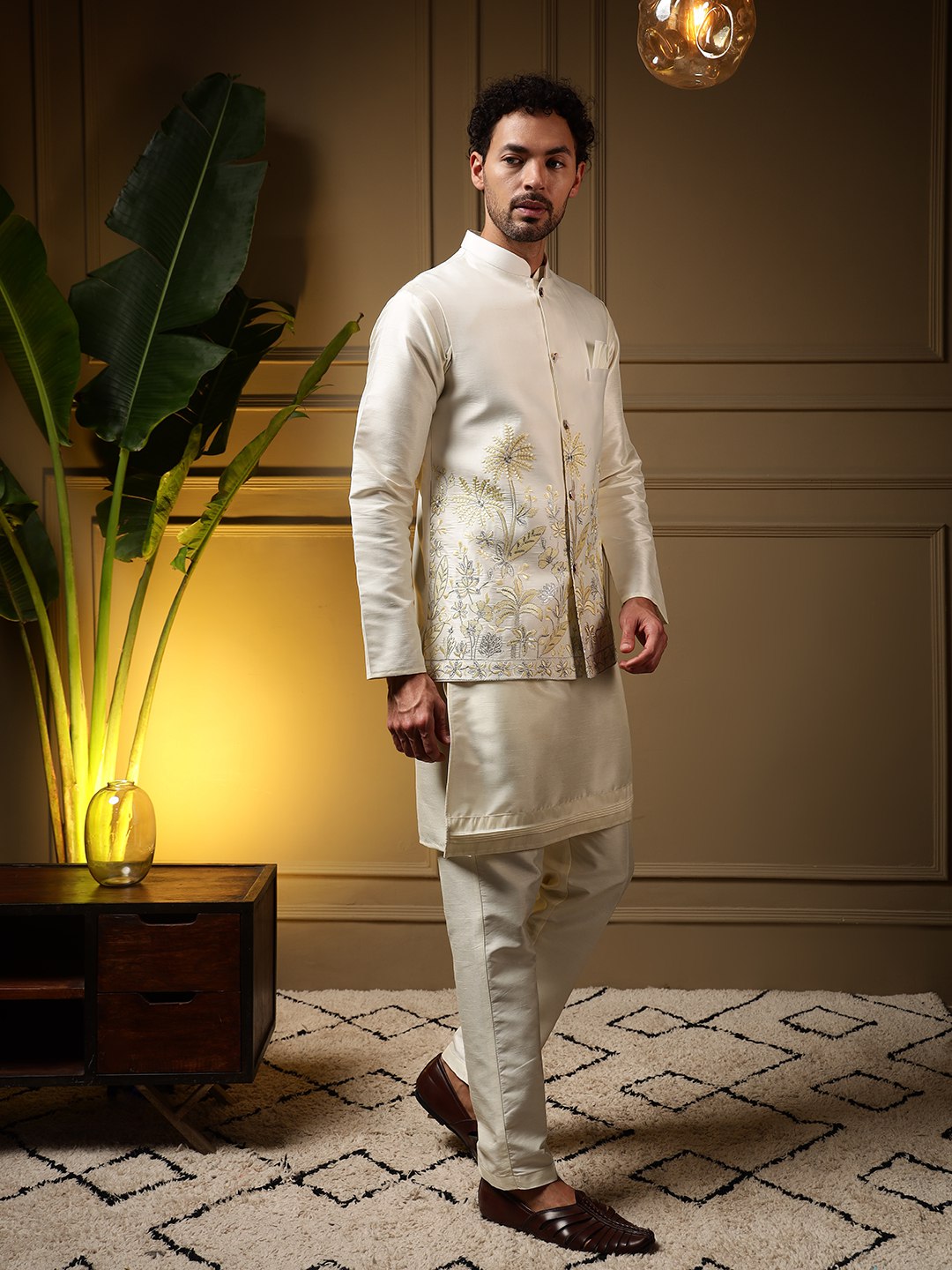 White Pure Soft Slub Silk Heavy Embroidery Work Kurta Pajama with Koti Jacket 