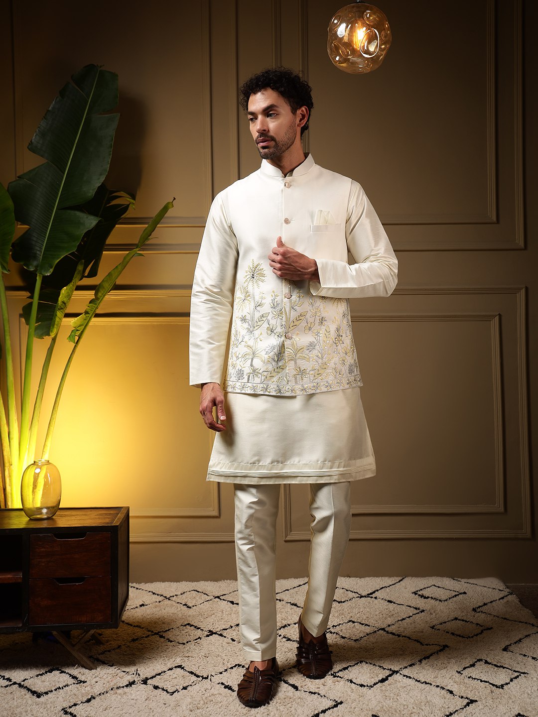 White Pure Soft Slub Silk Heavy Embroidery Work Kurta Pajama with Koti Jacket 