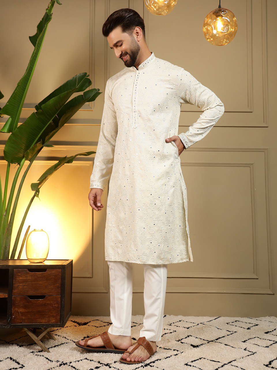 White Pure Heavy Cotton Embroidery Sequence Work Kurta Pajama 