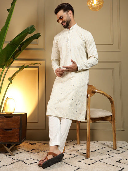 White Pure Heavy Cotton Embroidery Sequence Work Kurta Pajama 
