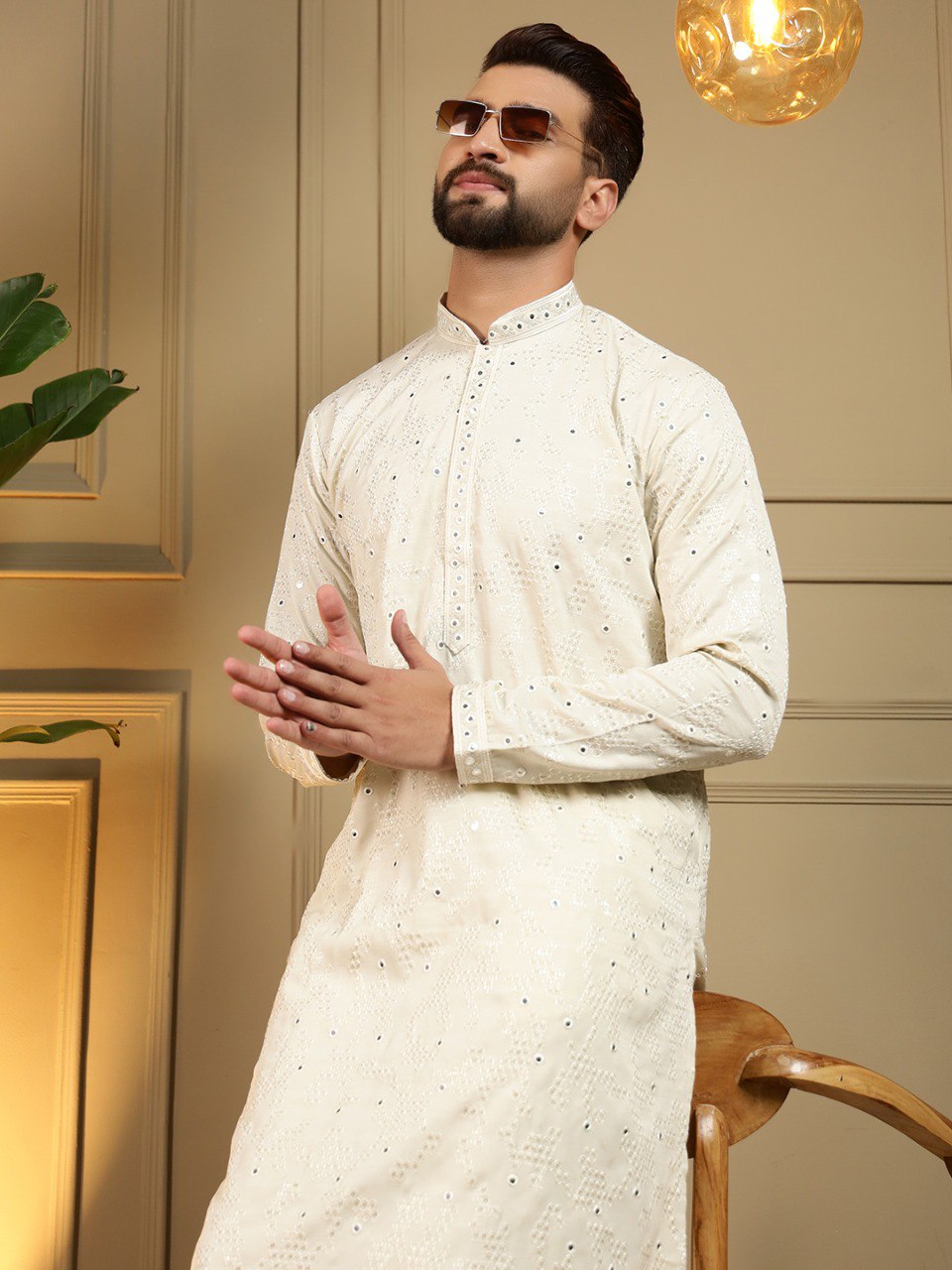 White Pure Heavy Cotton Embroidery Sequence Work Kurta Pajama 