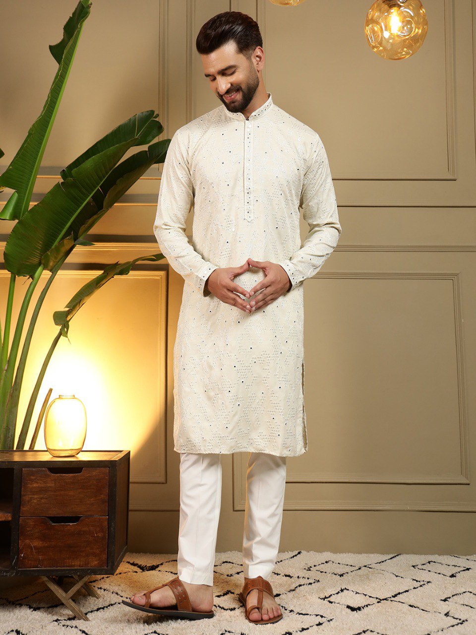 White Pure Heavy Cotton Embroidery Sequence Work Kurta Pajama 