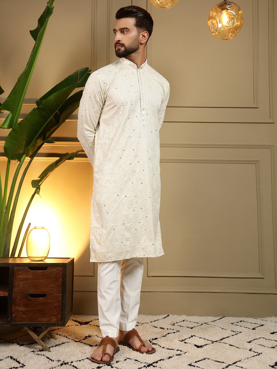 White Pure Heavy Cotton Embroidery Sequence Work Kurta Pajama 