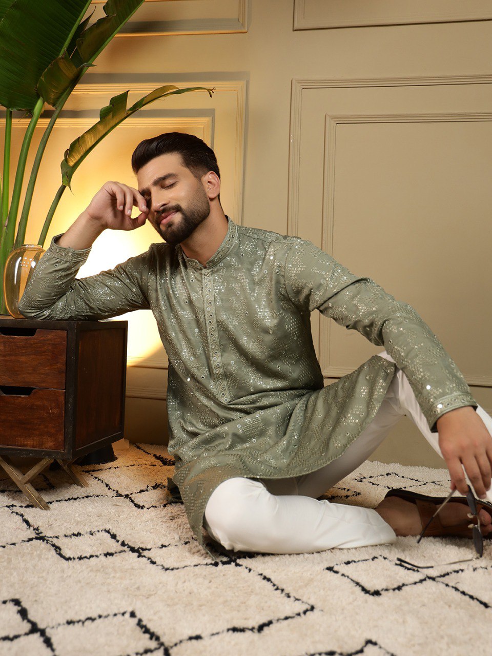Green Pure Heavy Cotton Embroidery Sequence Work Kurta Pajama 