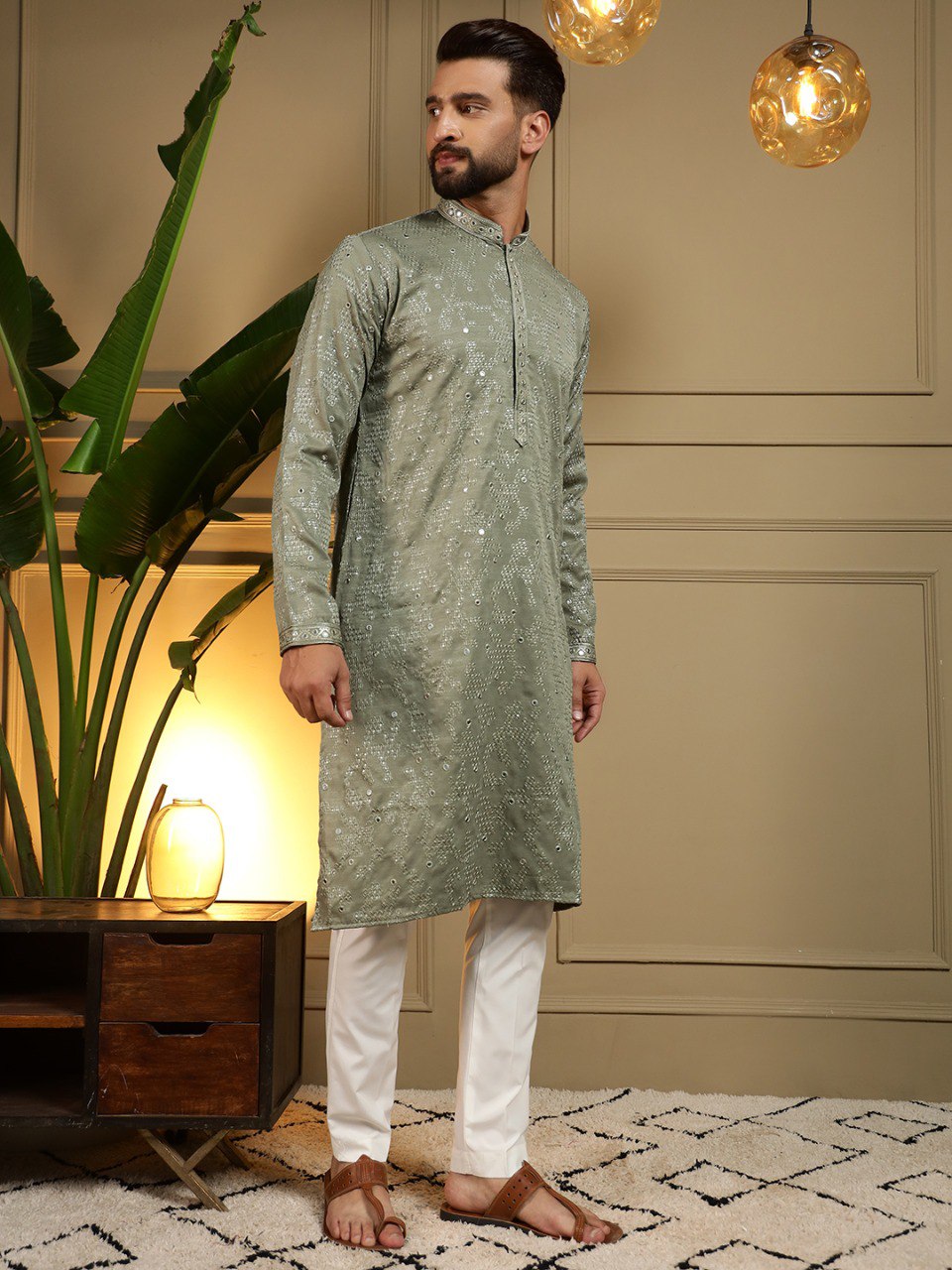 Green Pure Heavy Cotton Embroidery Sequence Work Kurta Pajama 