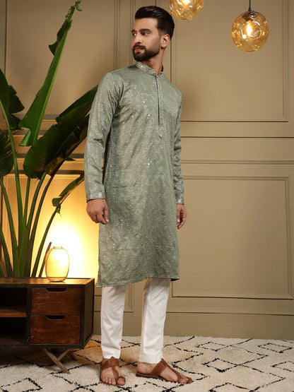 Green Pure Heavy Cotton Embroidery Sequence Work Kurta Pajama 