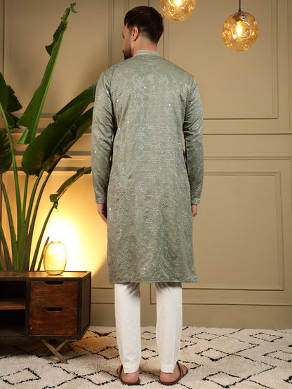 Green Pure Heavy Cotton Embroidery Sequence Work Kurta Pajama 