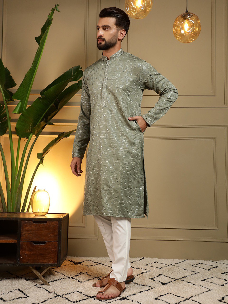 Green Pure Heavy Cotton Embroidery Sequence Work Kurta Pajama 