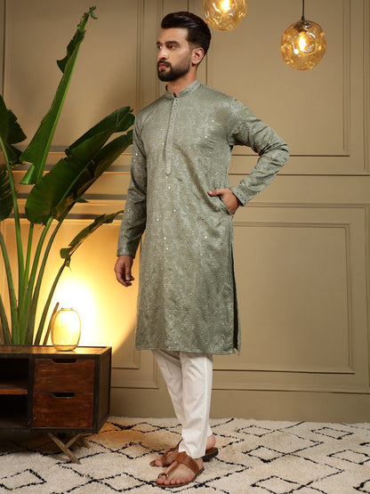 Green Pure Heavy Cotton Embroidery Sequence Work Kurta Pajama 