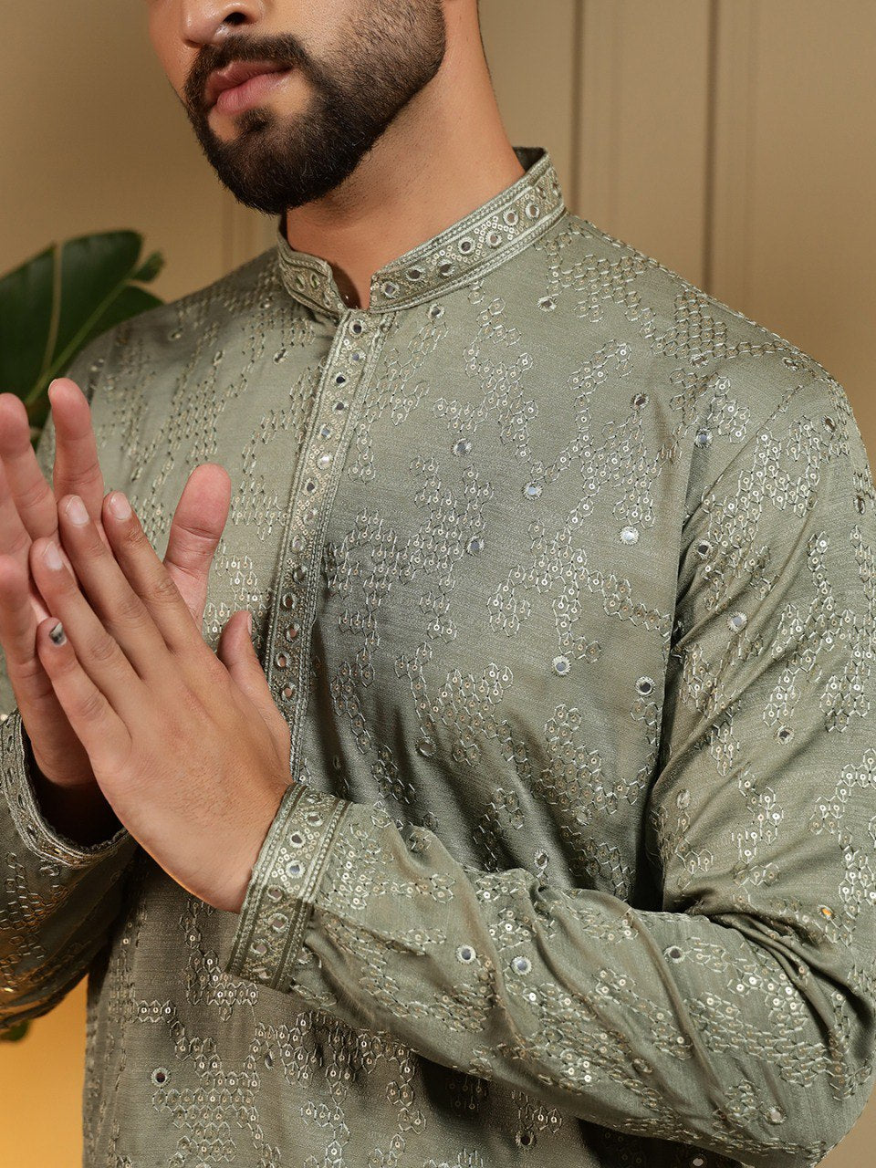 Green Pure Heavy Cotton Embroidery Sequence Work Kurta Pajama 