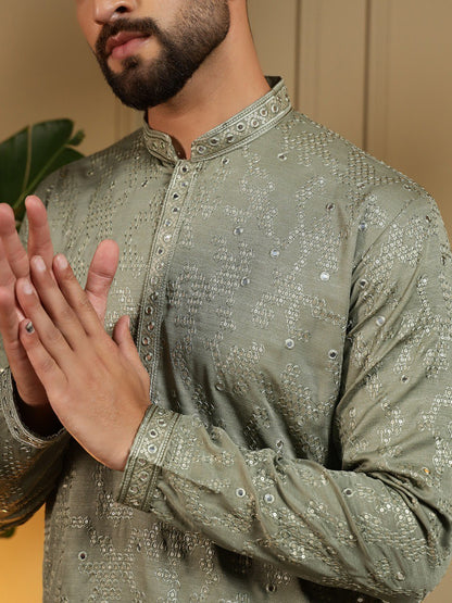 Green Pure Heavy Cotton Embroidery Sequence Work Kurta Pajama 