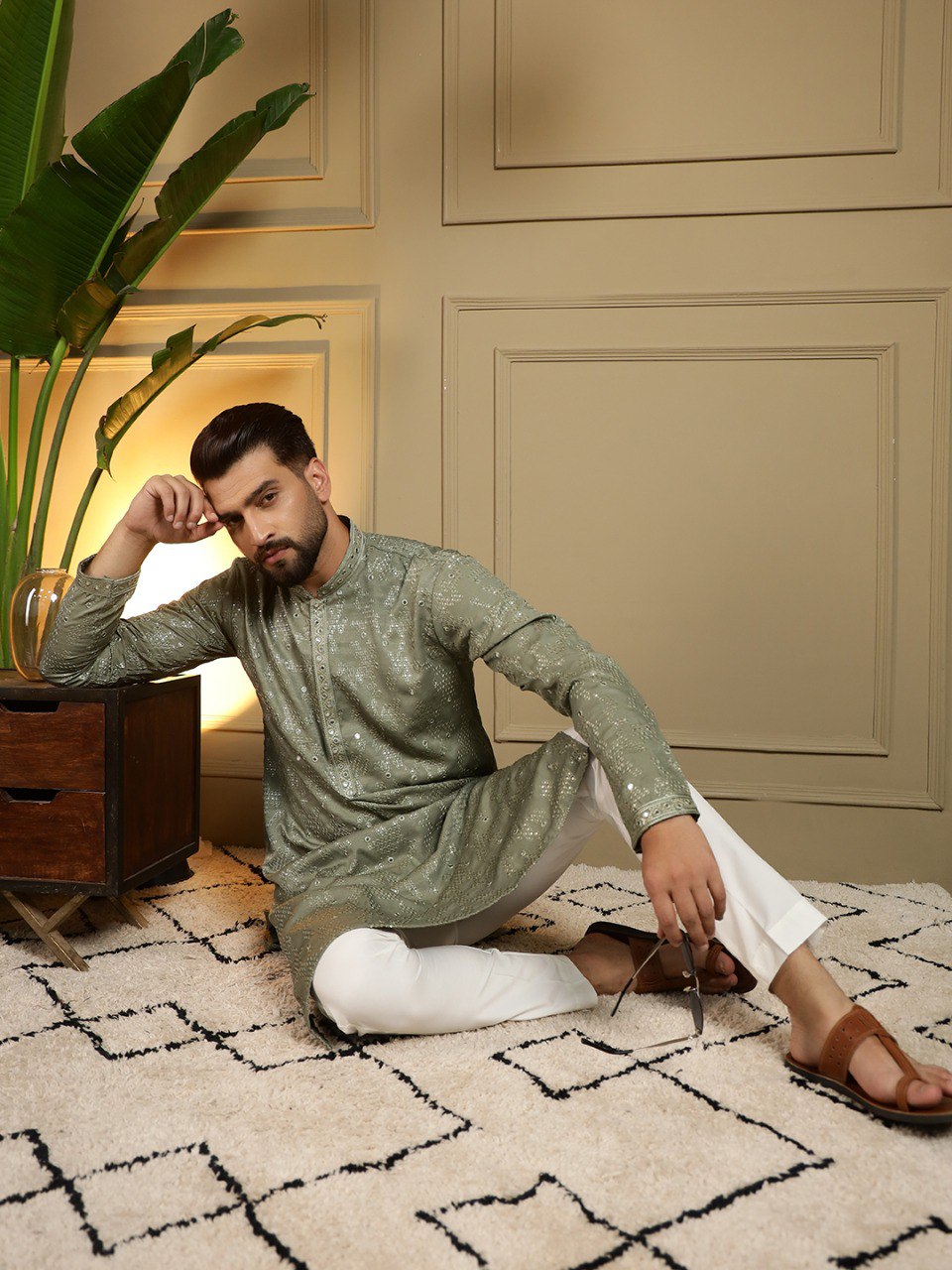 Green Pure Heavy Cotton Embroidery Sequence Work Kurta Pajama 