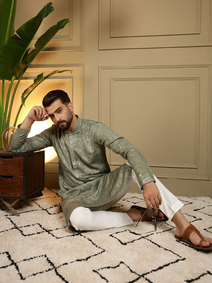 Green Pure Heavy Cotton Embroidery Sequence Work Kurta Pajama 