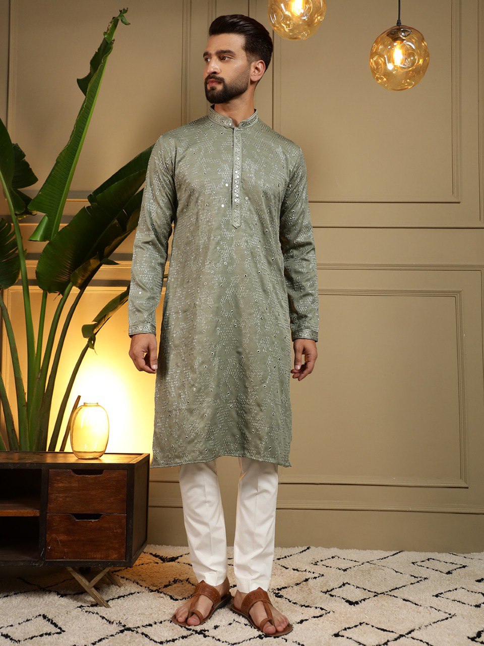 Green Pure Heavy Cotton Embroidery Sequence Work Kurta Pajama 