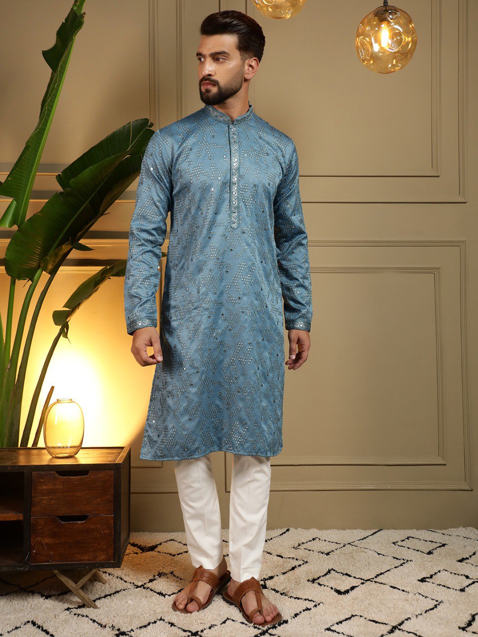 Firozi Pure Heavy Cotton Embroidery Sequence Work Kurta Pajama 