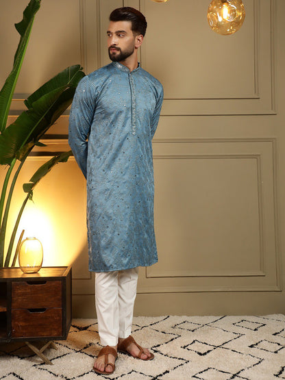 Firozi Pure Heavy Cotton Embroidery Sequence Work Kurta Pajama 