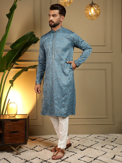 Firozi Pure Heavy Cotton Embroidery Sequence Work Kurta Pajama 