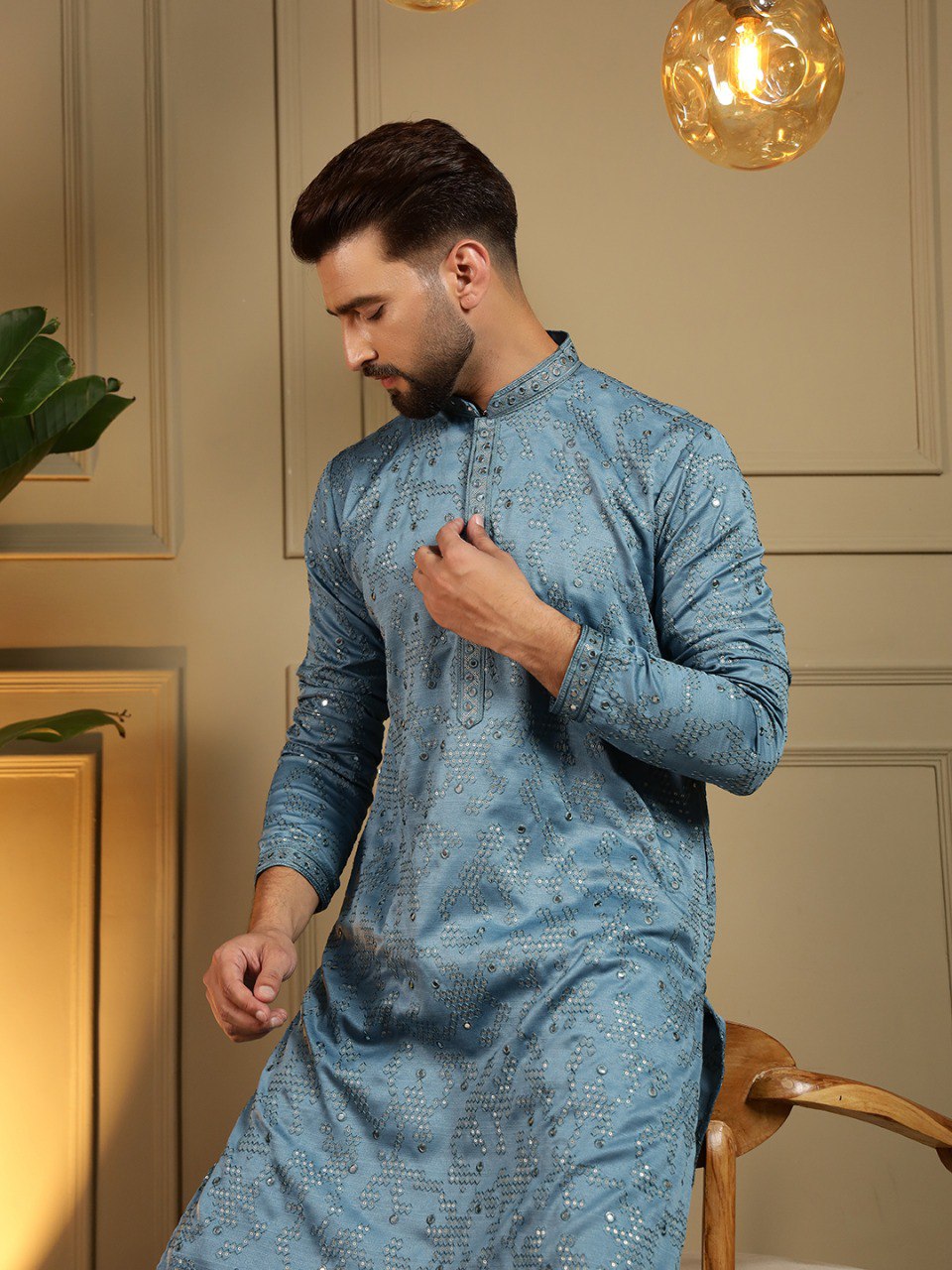 Firozi Pure Heavy Cotton Embroidery Sequence Work Kurta Pajama 