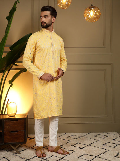 Yellow Pure Heavy Cotton Embroidery Sequence Work Kurta Pajama 