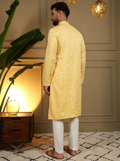 Yellow Pure Heavy Cotton Embroidery Sequence Work Kurta Pajama 